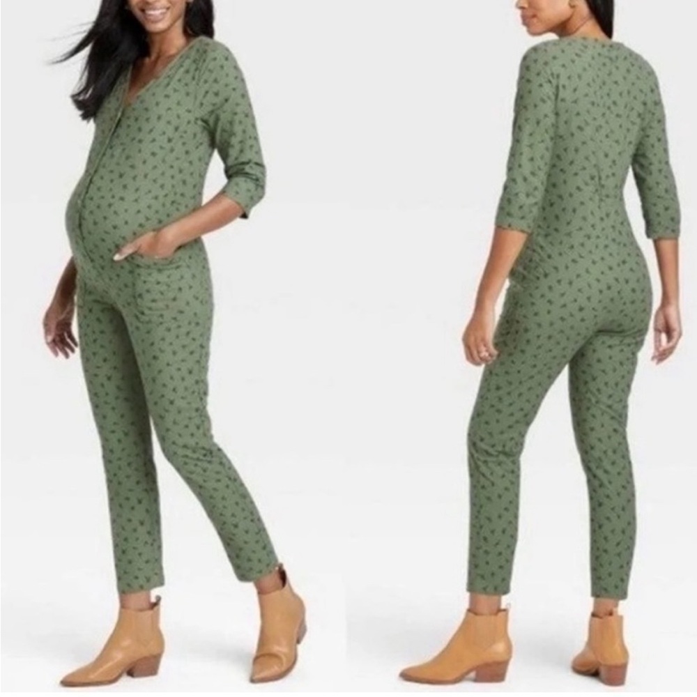 The Nines by HATCH Maternity 3/4 Sleeve Button-Front Floral Jumpsuit Size Small